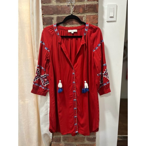Womens AnnTaylor Loft Boho Red Aztec Print Embroidered Shift Dress Red S… - Picture 2 of 7